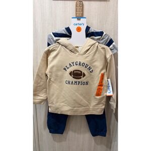 Carters Boys 2T 3 Piece Set Football Hoodie Striped Tee Blue Joggers NEW